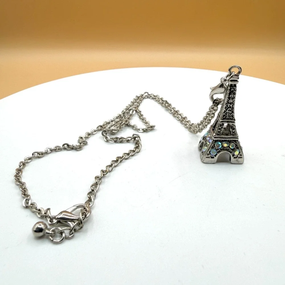 Eiffel Tower Necklace AB Rhinestone Silver Tone Paris Travel Pendant Charm Gift